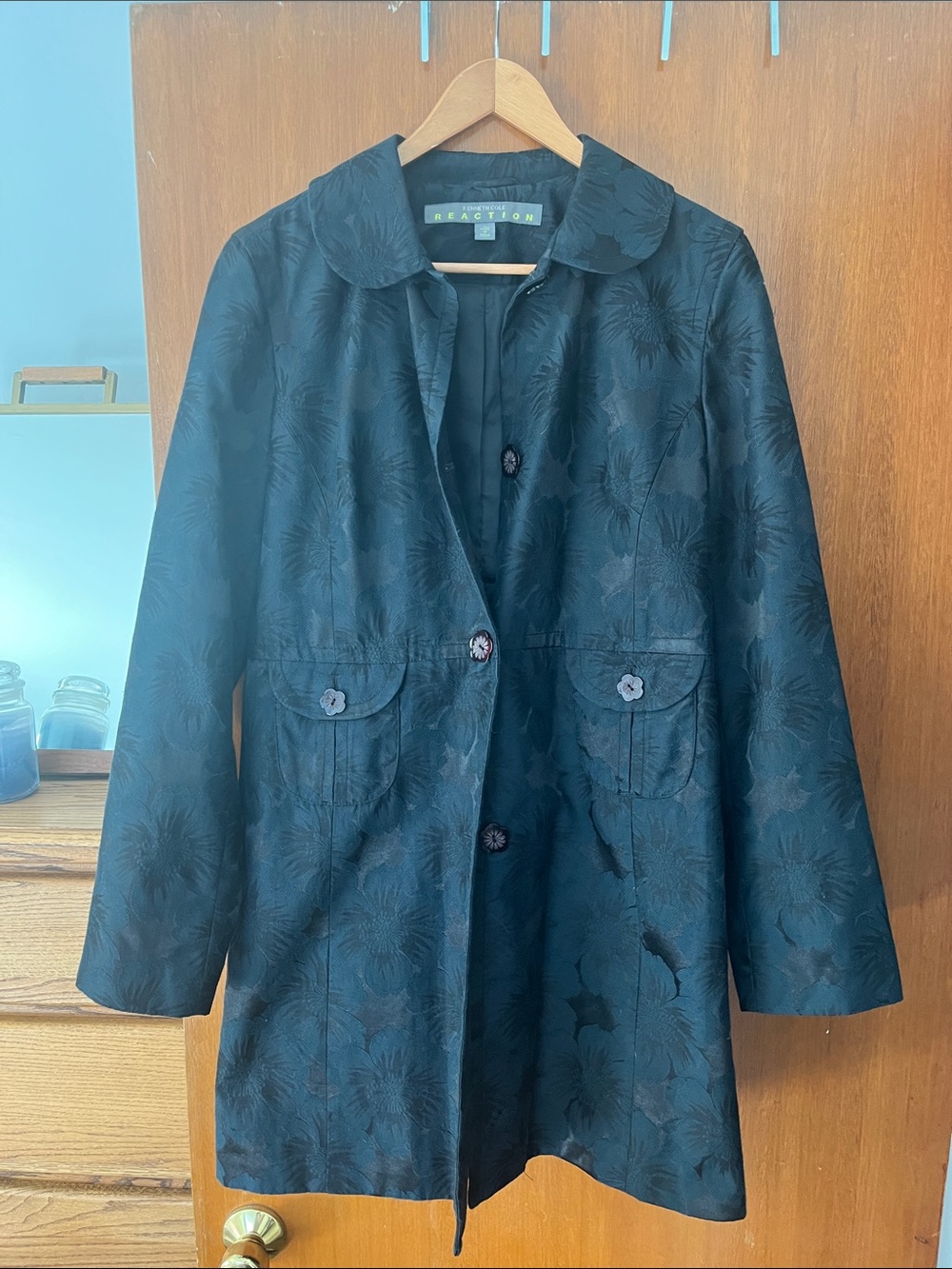 Reaction Kenneth Cole Black Floral Jacquard Trench Coat